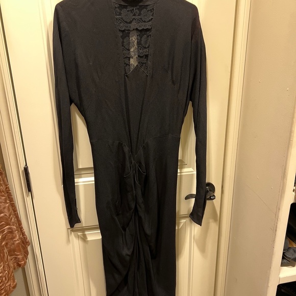 vintage 1930s black crepe mourning dress lace cutout, front gathers, Buttons - Picture 2 of 14